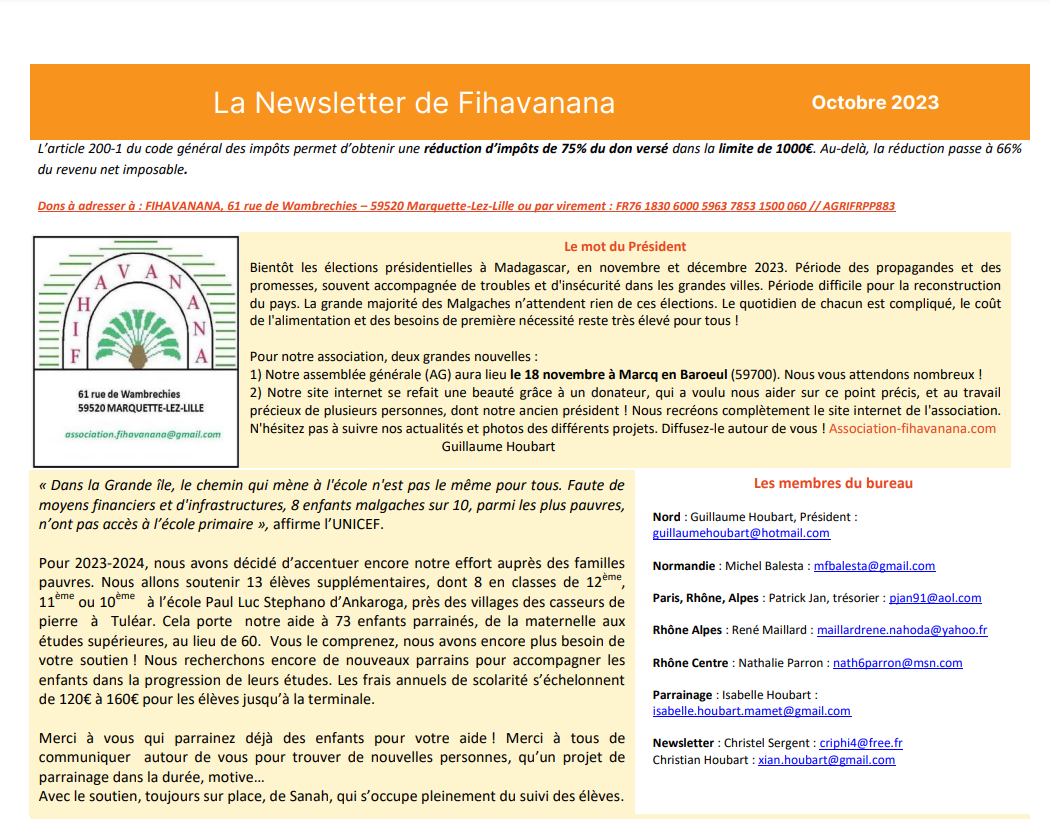 You are currently viewing La Newsletter de Fihavanana octobre 2023